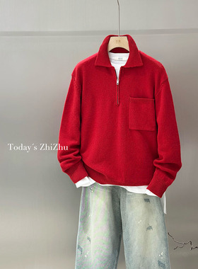 男装慵懒感老钱风净色半拉链翻领羊毛毛衣  M25815