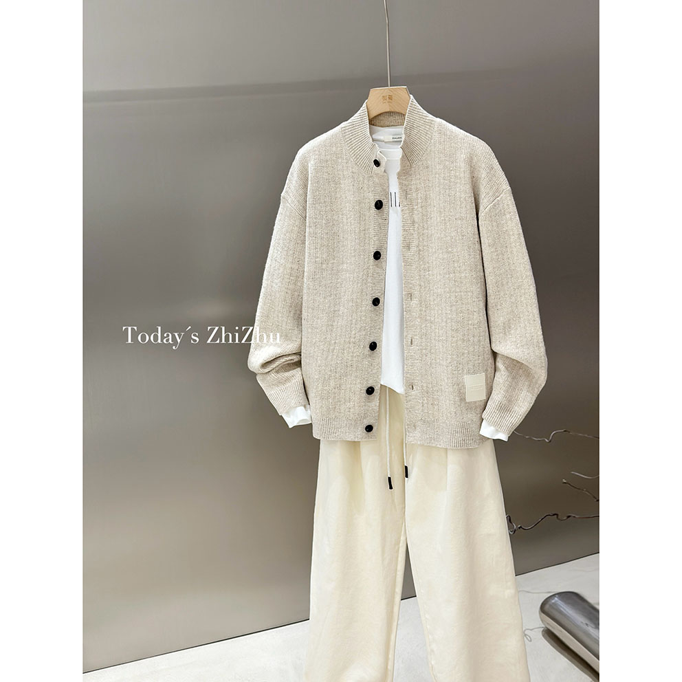 男生老钱风复古半领纯色针织开衫毛衣外套  M25708