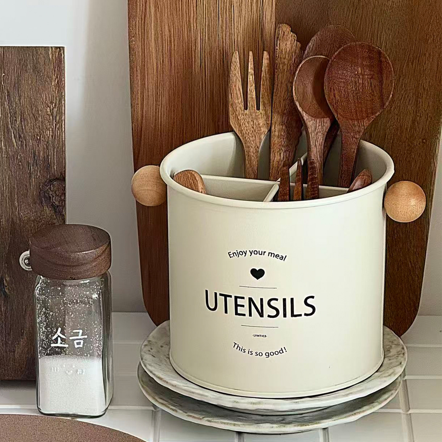 LYMTICS复古字母印花餐具收纳桶筷子笼木质手柄厨房置物化妆刷筒