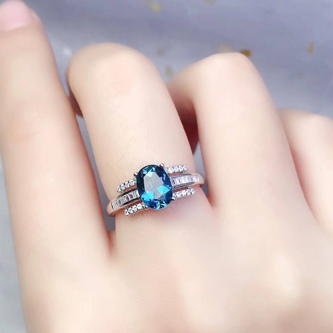 天然伦敦蓝托帕石戒指晶体好火彩爆闪925银精工镶嵌白玫瑰金两色