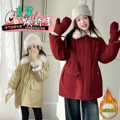 女童派克服棉衣冬季翻领2025新款洋气女大童冬装加绒加厚收腰外套