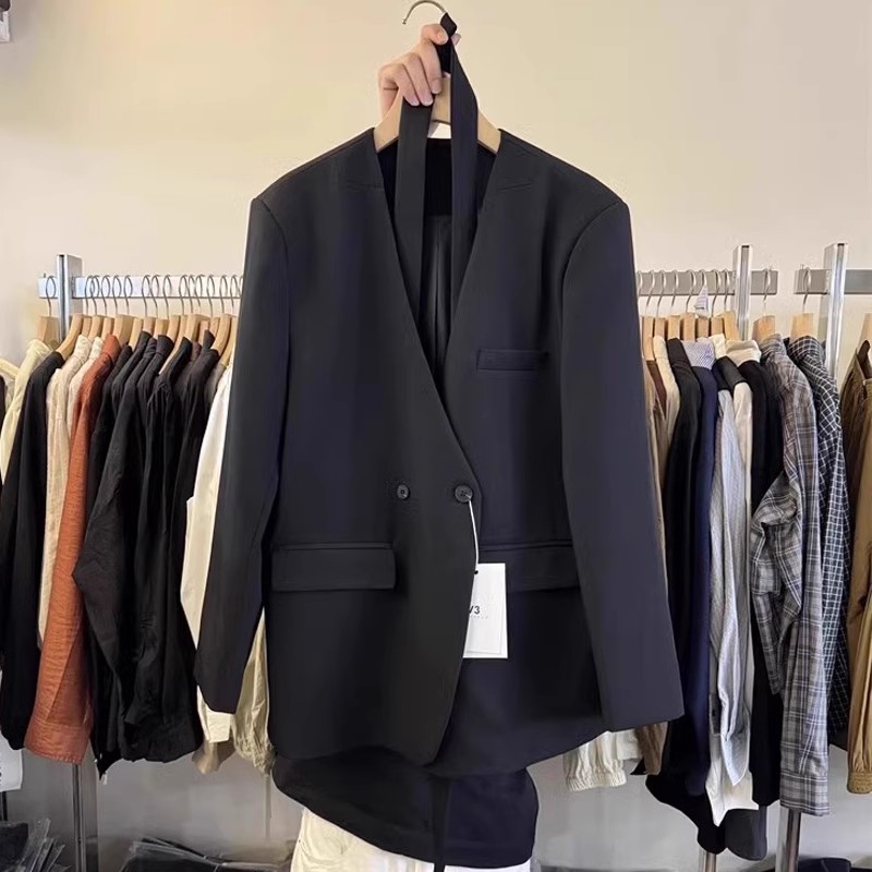 韩版宽松系带V领双排扣西服