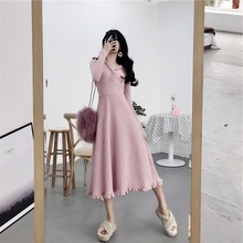 翻领修身 显瘦荷叶边打底针织连衣裙中长款 2019秋冬款 淑女气质长袖