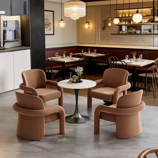 轻奢风接待椅橙色单椅固定扶手金属框架西餐厅酒店大堂美容院座椅