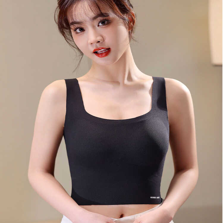 新款春夏方领宽肩无痕背心型美背固定立体乳胶垫裹胸运动女士内衣