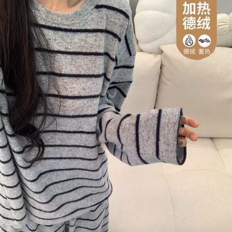 巨洋气!ins冬日保暖韩版设计感条纹毛巾绒家居服两件套装D