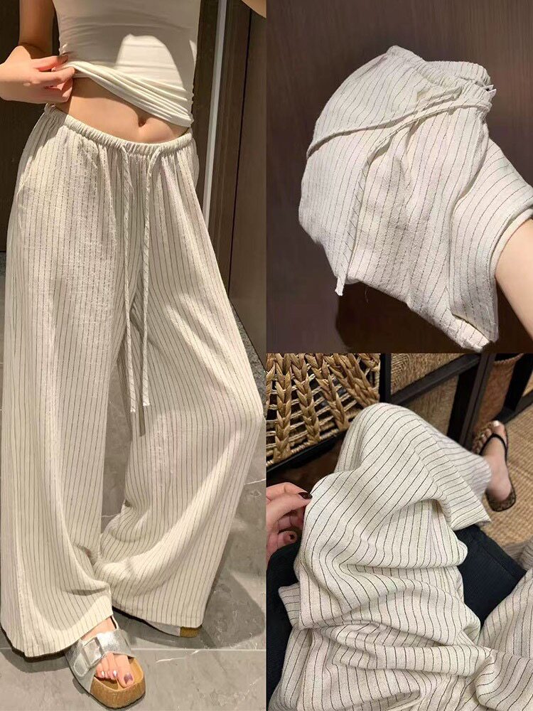 白色条纹亚麻山本裤女夏季薄款2026新款宽松冰丝棉麻阔腿裤垂感H