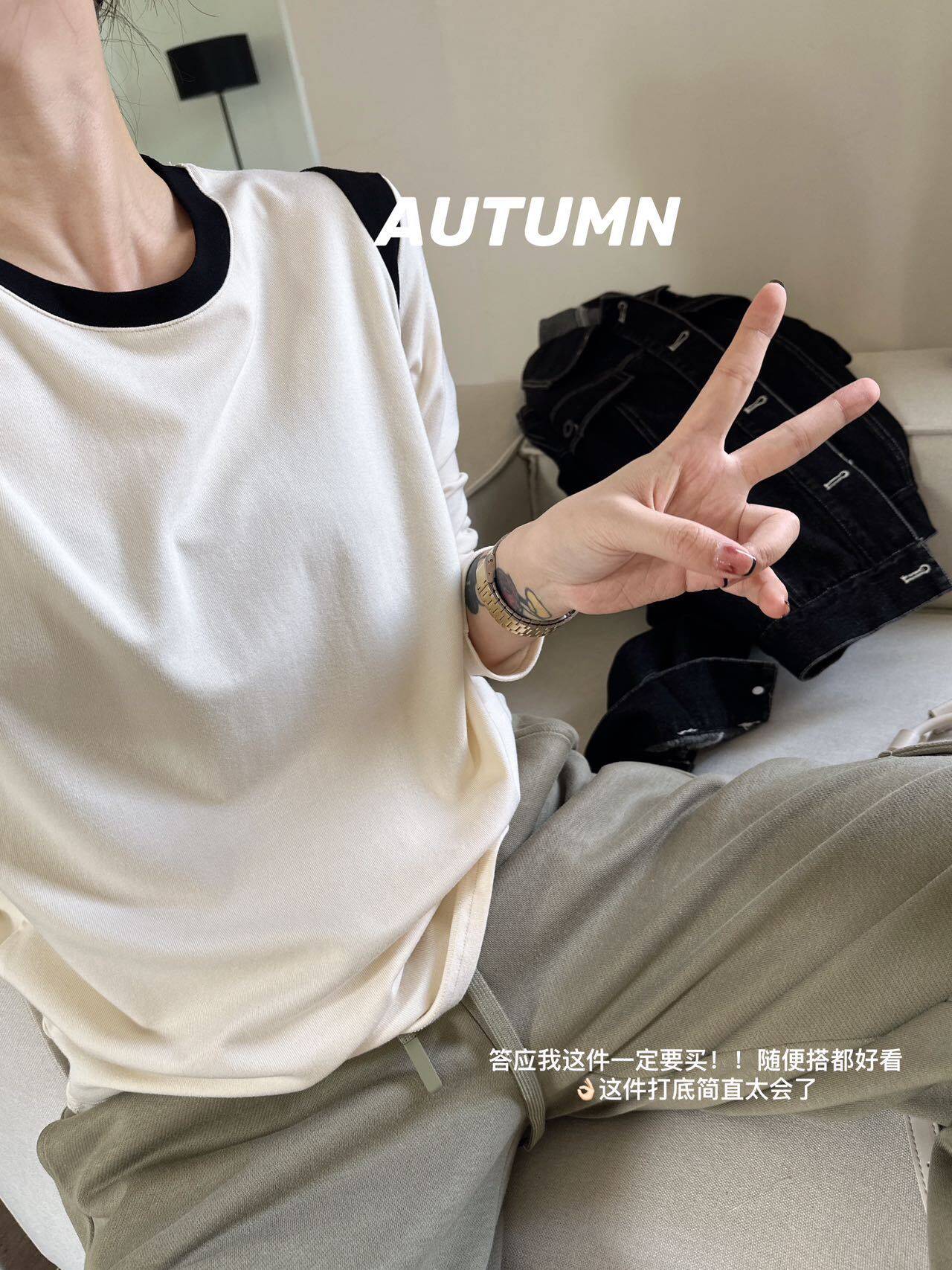 巨洋气！韩版百搭少女慵懒撞色圆领高弹修身百搭T恤打底衫D