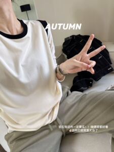 巨百搭！韩版洋气少女慵懒撞色圆领高弹修身百搭T恤打底衫C