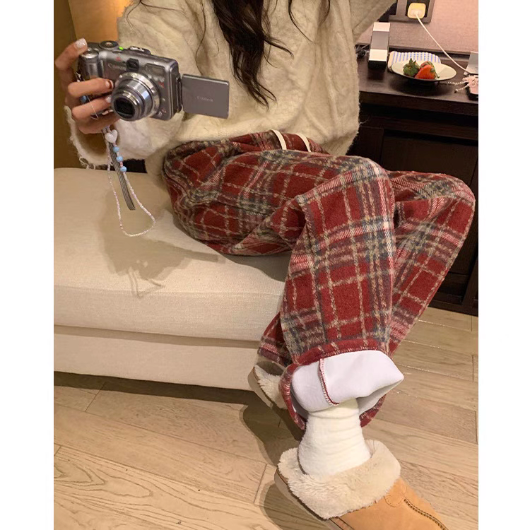 【加绒】冬日氛围感拉满！毛呢格子裤保暖高腰直筒抽绳休闲长裤M