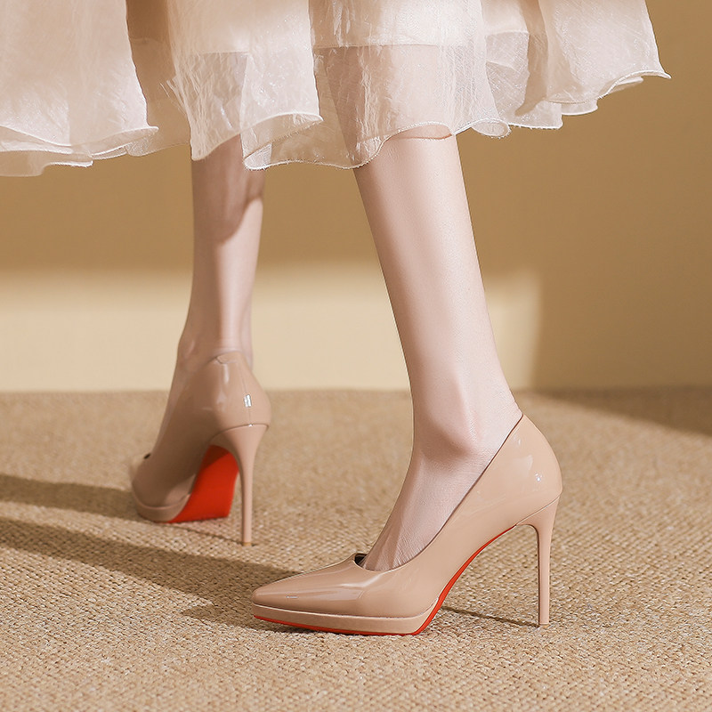 裸色红底高跟鞋女细跟2026春新款防水台不累脚单鞋气质尖头职业鞋