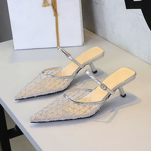 不累脚高跟凉拖鞋女款2026新款夏季外穿网纱包头尖头法式水钻凉鞋