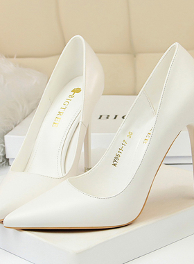 10cm细跟尖头单鞋白色黑色黄色工作网红高跟鞋2025春季新款糖果色
