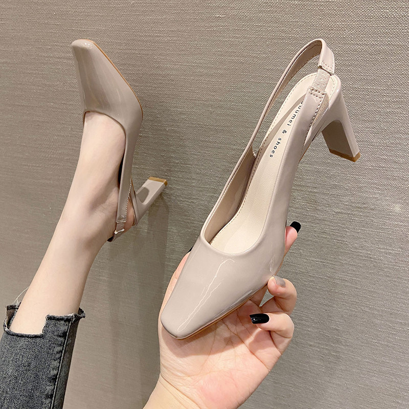 2025夏新款百搭裸色法式方头高跟鞋女一字带粗跟单鞋包头后空凉鞋,女鞋,时装凉鞋,淘宝优惠券,粉丝福利购,淘宝优惠卷