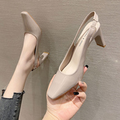 包头后空凉鞋 2026夏新款 女一字带粗跟单鞋 方头高跟鞋 百搭裸色法式