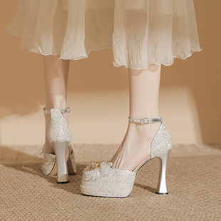 法式玛丽珍新娘主婚鞋不累脚厚底神器粗跟配裙子高跟鞋女订婚纱鞋