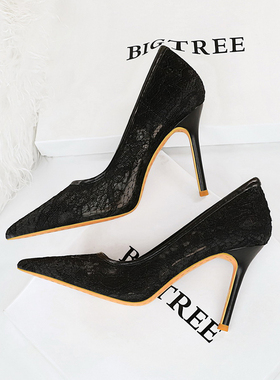 黑色高跟鞋2024年春季新款细跟单鞋女性感网纱蕾丝不累脚尖头鞋子