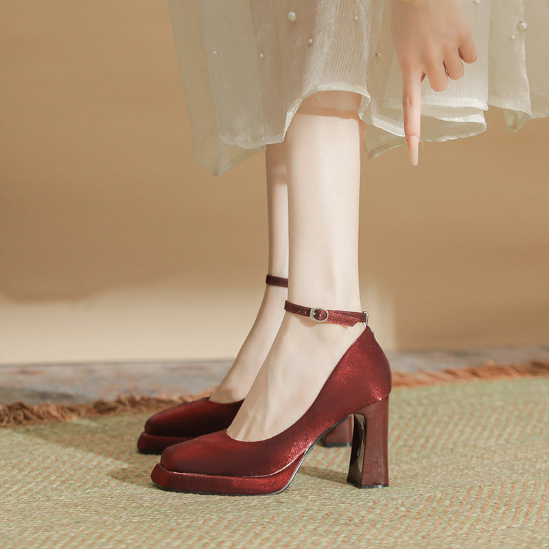 防水台粗跟新款玛丽珍水晶鞋一字扣婚鞋新娘鞋小个子方头高跟鞋女,女鞋,浅口单鞋,淘宝优惠券,粉丝福利购,淘宝优惠卷