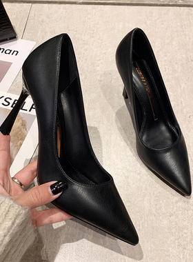 韩版2025春新款法式高跟鞋细跟百搭职业正装黑色工作软皮尖头单鞋