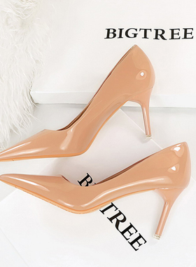 高跟鞋女2024春季新款漆皮百搭尖头细跟职业单鞋黑色不累脚工作鞋