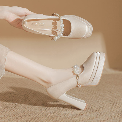 玛丽珍婚鞋防水台厚底缎面高跟鞋