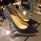 婚鞋 2024新款 尖头高跟鞋 真皮细跟女单鞋 宴会晚会鞋 渐变亮片走秀鞋