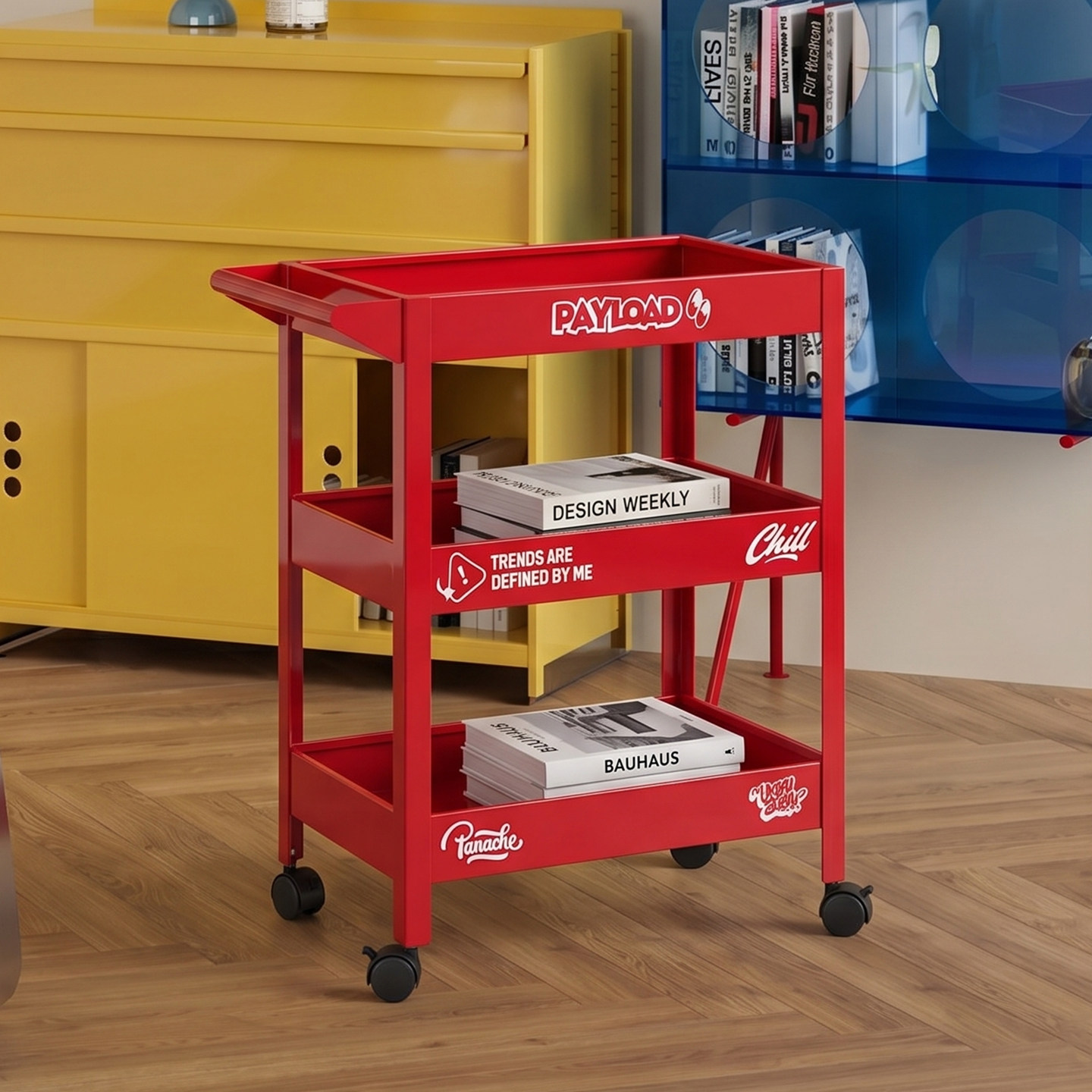 包豪斯客厅金属零食收纳置物架多巴胺复古潮流移动小推车边几彩色