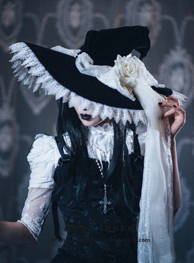 黑白色版 *暗夜玫瑰 * Lolita蕾丝长飘带大魔女帽 万圣节巫师帽