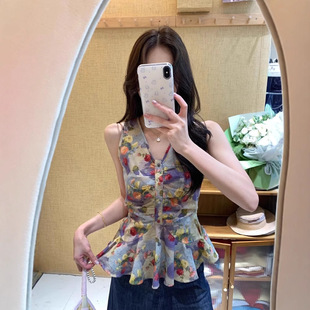 V领衬衣背心女夏季 青骊 碎花无袖 2025新款 度假风甜美收腰显瘦 法式