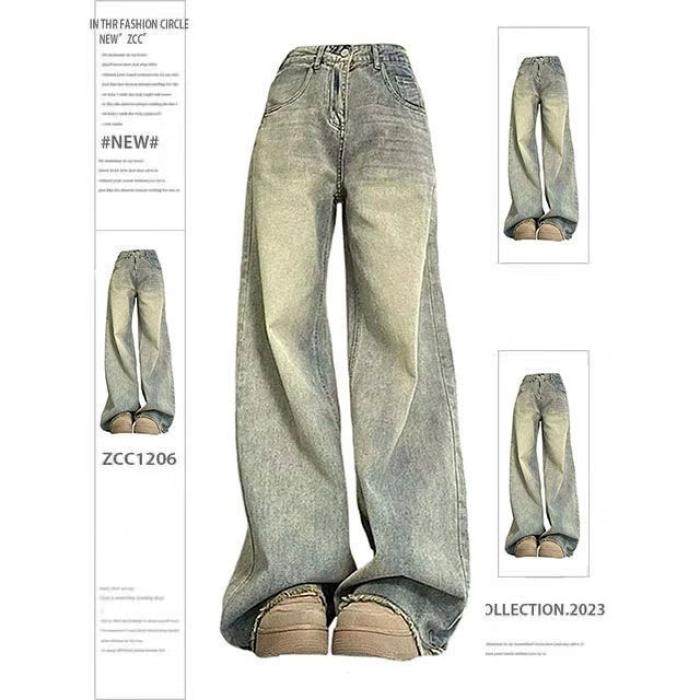 美式复古做旧毛边阔腿高腰牛仔裤女春秋宽松显瘦百搭垂感直筒长裤