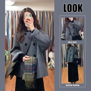 灰色短款呢子大衣女秋冬娃娃领复古加厚小个子韩系赫本风毛呢外套