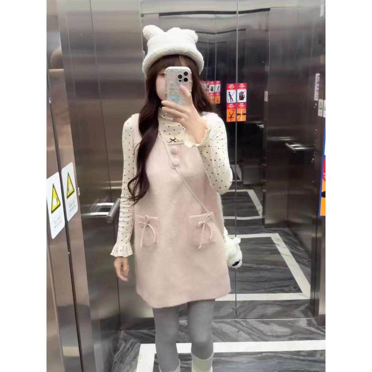 奶fufu可爱甜妹套装女秋冬小个子波点打底衫粉色背心连衣裙两件套