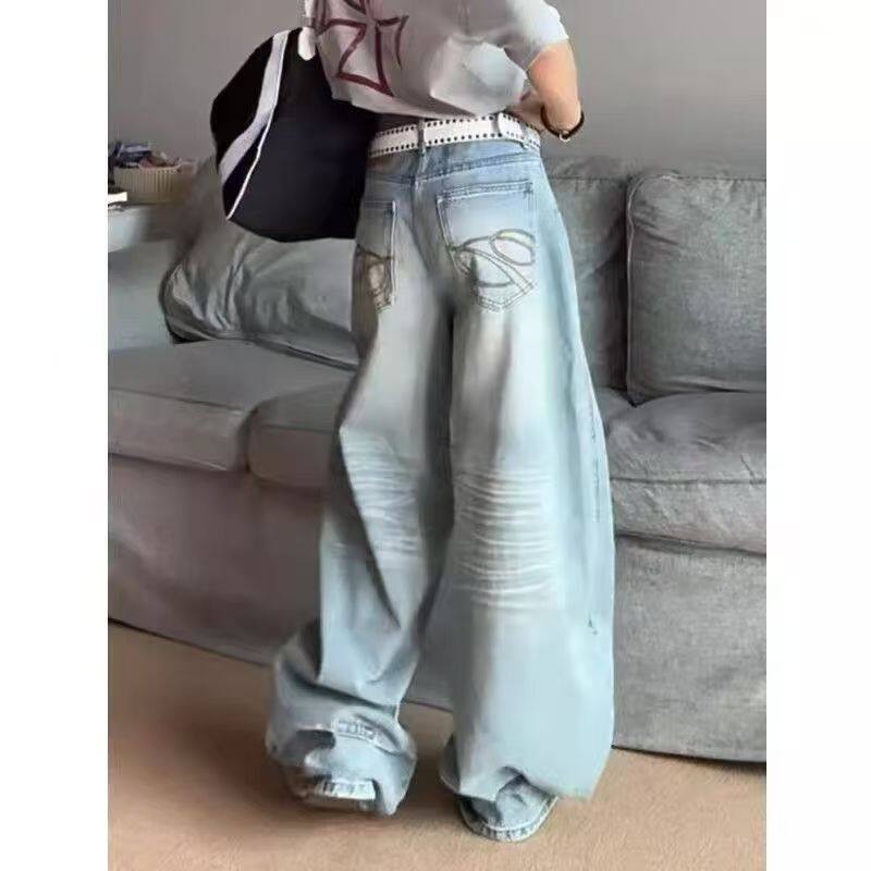 美式高街复古刺绣牛仔裤女2025秋季新款设计感宽松高腰直筒阔腿裤