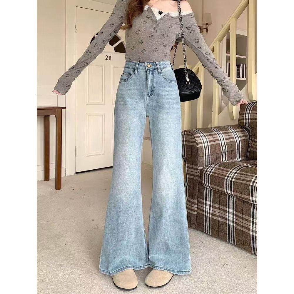 浅色微喇叭高腰牛仔裤女夏季新款辣妹修身阔腿显瘦不贴腿直筒裤子