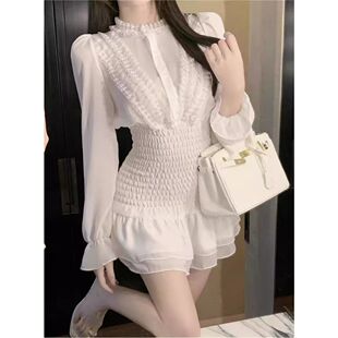 秋季荷叶边长袖雪纺衬衫连衣裙夏季褶皱气质高级感收腰仙女短裙子
