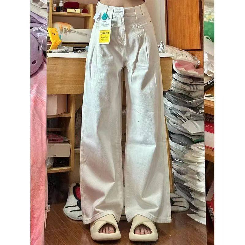 白色复古高腰牛仔裤女春季新款百搭高街直筒宽松垂感显瘦阔腿长裤