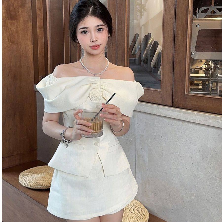 松栗奶油同款奶白一字肩小香风套装女单排扣上衣高腰外套短裤,女装/女士精品,连衣裙,淘宝优惠券,粉丝福利购,淘宝优惠卷