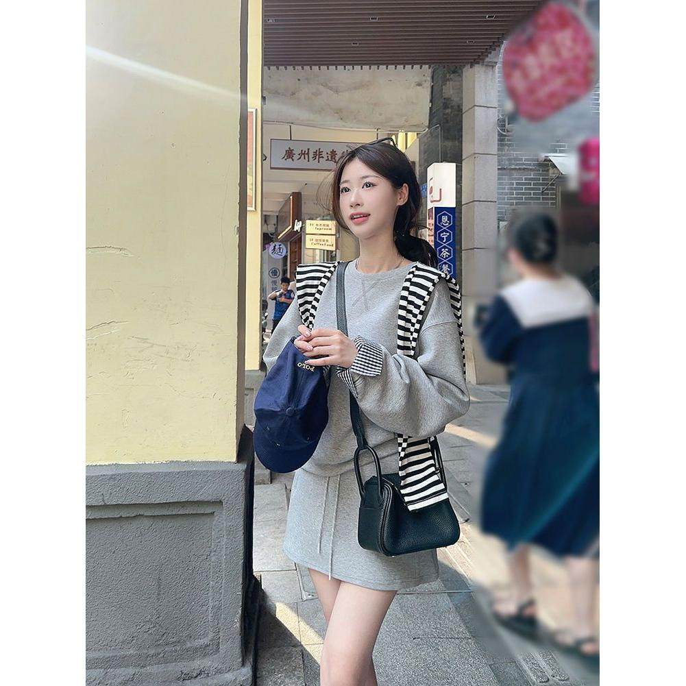 现货条纹披肩叠穿韩系宽松长袖卫衣高腰抽绳半身裙女早秋两件套,女装/女士精品,时尚套装,淘宝优惠券,粉丝福利购,淘宝优惠卷