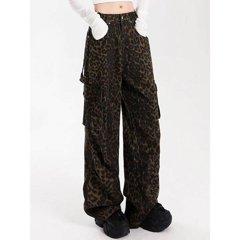 美式牛仔裤宽松复古豹纹2025阔腿秋冬季高腰直筒设计拖地休闲潮流