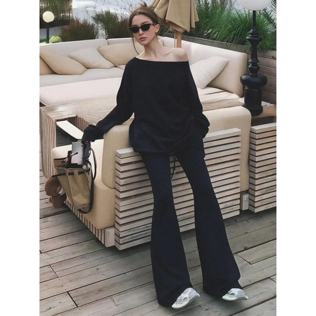 2025春季新款韩版时尚辣妹露肩斜领卫衣高腰抽绳阔腿微喇裤套装女,女装/女士精品,时尚套装,淘宝优惠券,粉丝福利购,淘宝优惠卷