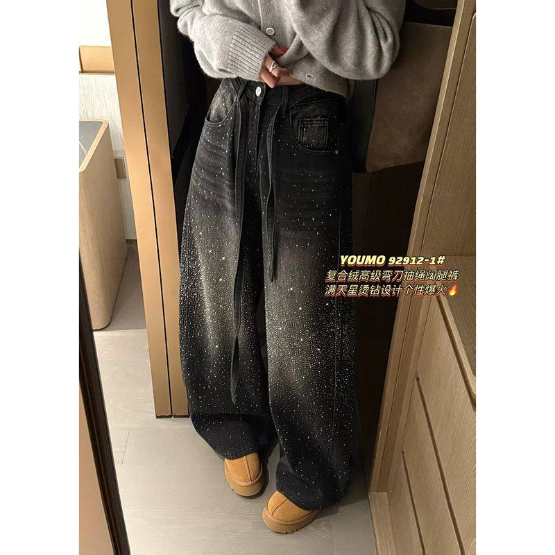 满天星烫钻阔腿牛仔裤女秋冬2025年新款时尚超好看宽松直筒裤