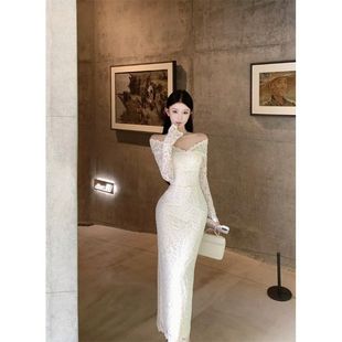修身 长袖 显瘦性感长裙 纯欲风白色蕾丝一字肩连衣裙女秋冬新款 法式