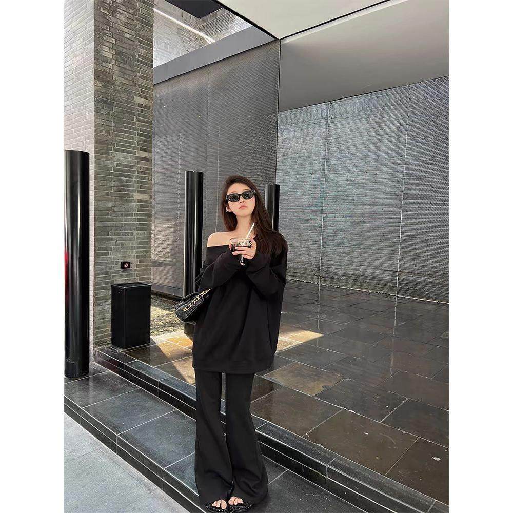 2026春季新款韩版时尚辣妹露肩斜领卫衣高腰抽绳阔腿微喇裤套装女,女装/女士精品,时尚套装,淘宝优惠券,粉丝福利购,淘宝优惠卷