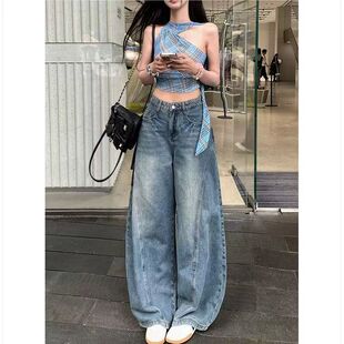 小个子复古美式水洗裂纹弯刀牛仔裤女百搭显瘦辣妹高街拖地阔腿裤