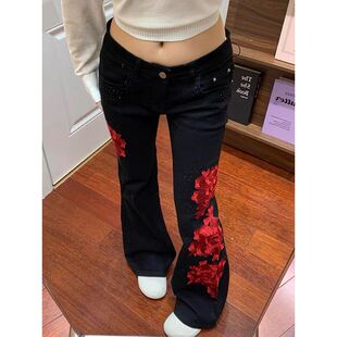 黑色微喇牛仔裤女美式复古设计感玫瑰拼接y2k辣妹修身显瘦拖地裤