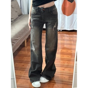 显高显瘦百搭小众磨痕微喇叭裤 美拉德水洗高腰牛仔裤 女辣妹风修身