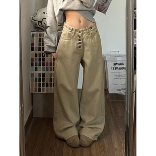 小个子美式复古卡其色阔腿牛仔裤女新款高腰显瘦设计感工装弯刀裤