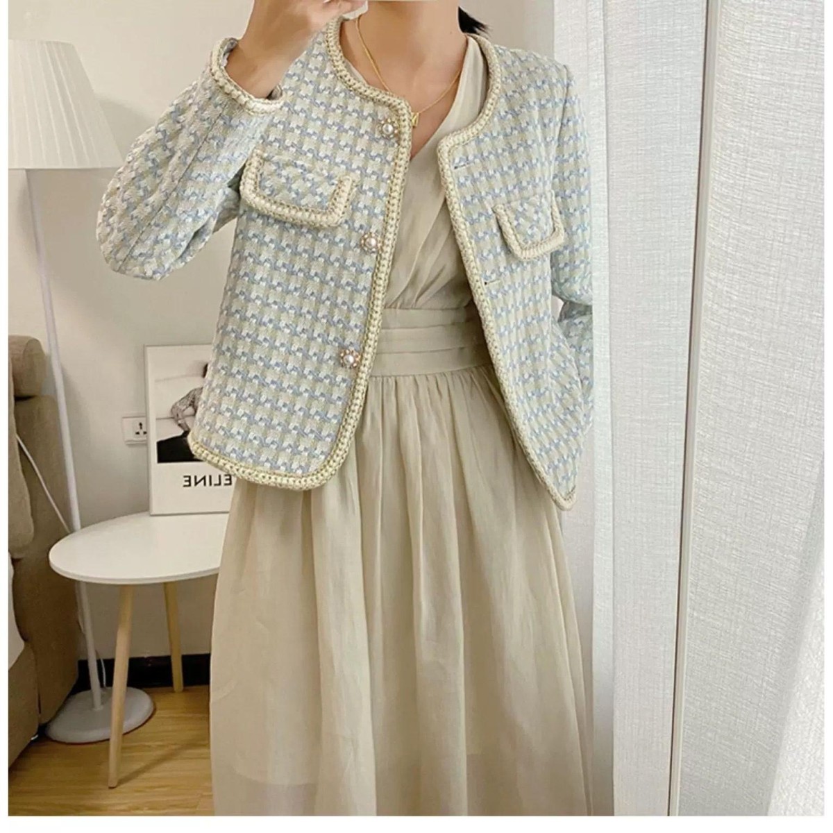 2026新款高档小香风外套花边千鸟格宽松百搭气质短外套,女装/女士精品,短外套,淘宝优惠券,粉丝福利购,淘宝优惠卷