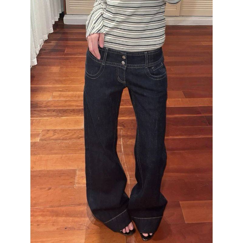 美式复古水洗排扣设计牛仔裤女辣妹低腰直筒宽松阔腿垂感长裤