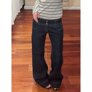 美式复古水洗排扣设计牛仔裤女辣妹低腰直筒宽松阔腿垂感长裤